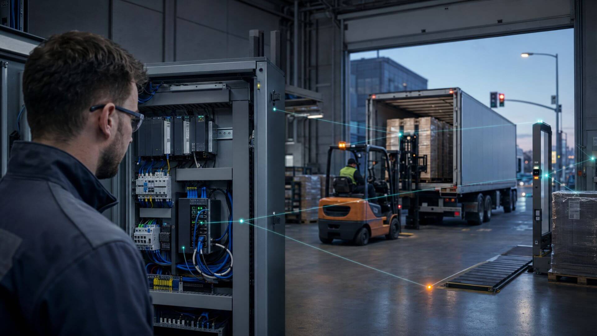 Técnico revisa una red industrial vinculada con IoT y redes inteligentes en transporte, junto a un camión, un autoelevador y sensores logísticos.