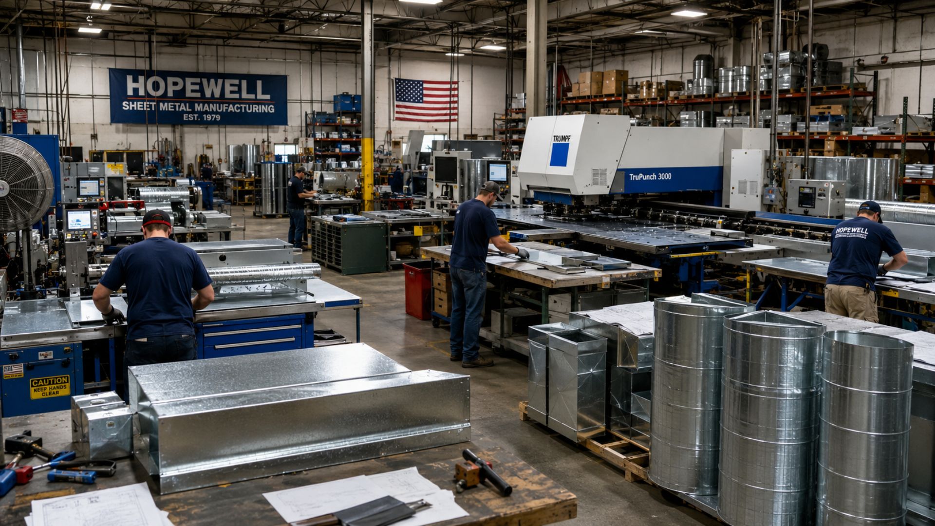 Planta de Hopewell Sheet Metal Manufacturing con operarios, maquinaria industrial y conductos metálicos, un ejemplo de negocios a prueba de IA.