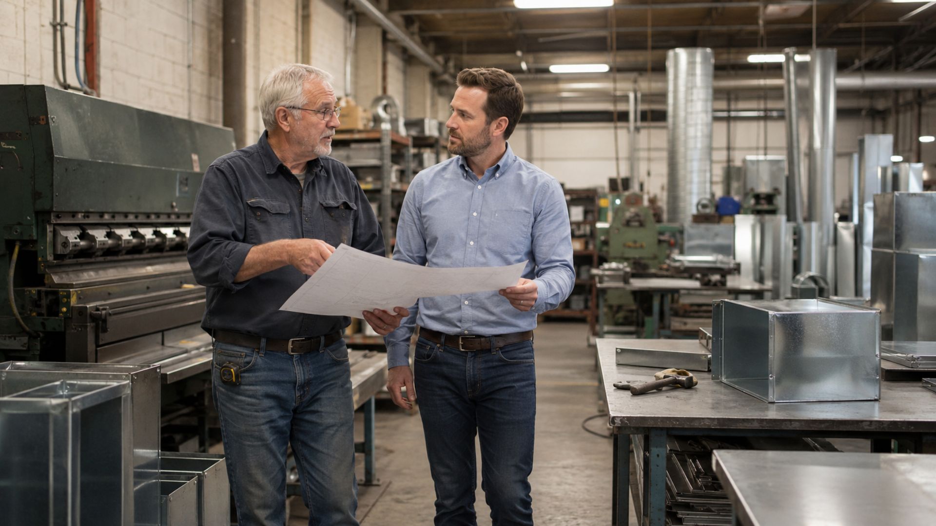 Dos hombres revisan planos dentro de una fábrica metalúrgica, una escena vinculada a negocios a prueba de IA y al relevo generacional en empresas familiares.
