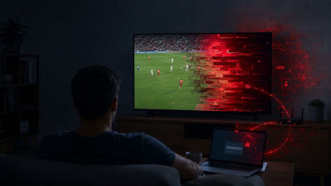 Usuario mira un partido por streaming pirata mientras un ataque informático alcanza su computadora y la red doméstica.
