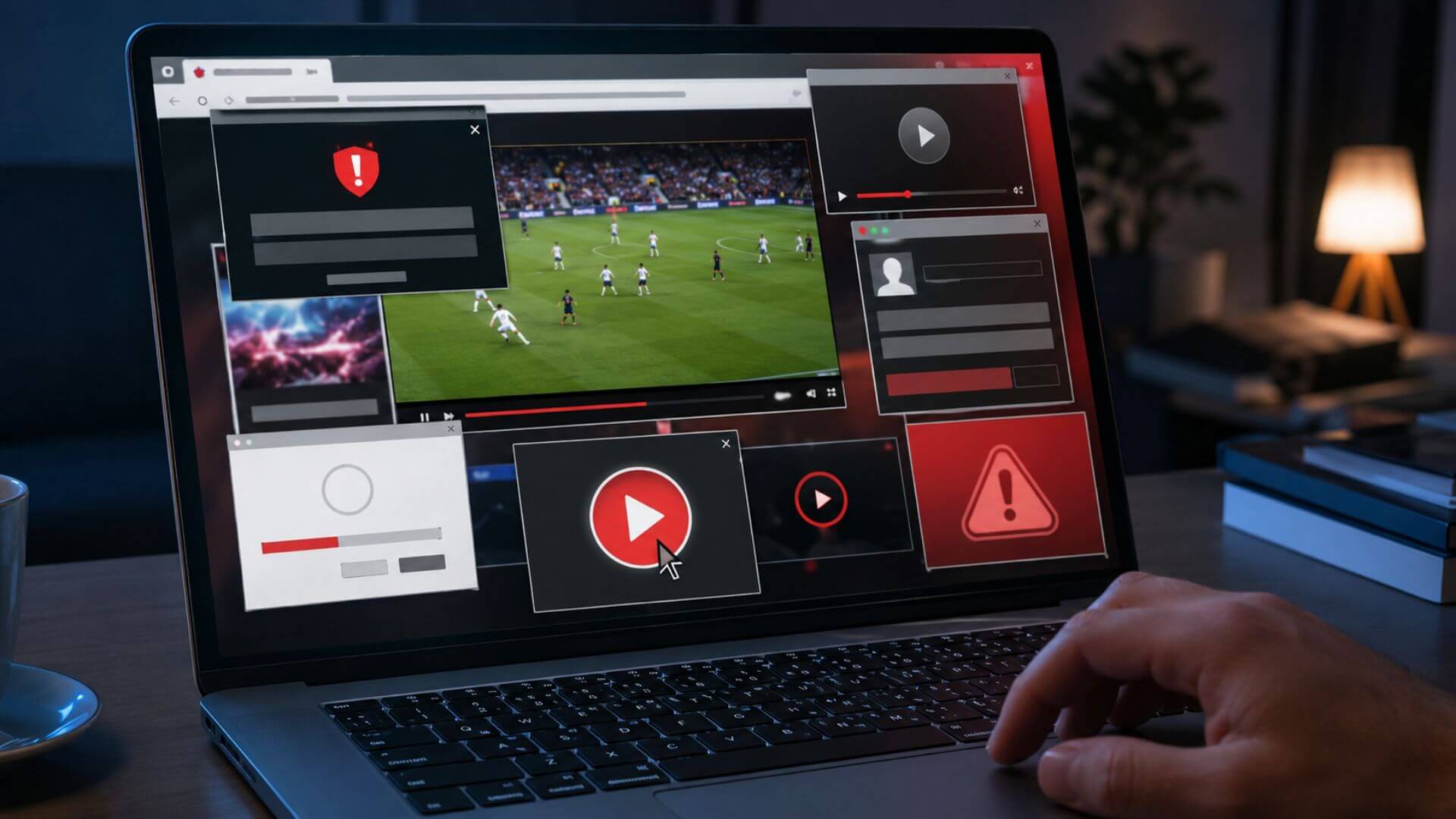 Notebook con un partido por streaming pirata rodeado de botones falsos, formularios engañosos y alertas de seguridad.