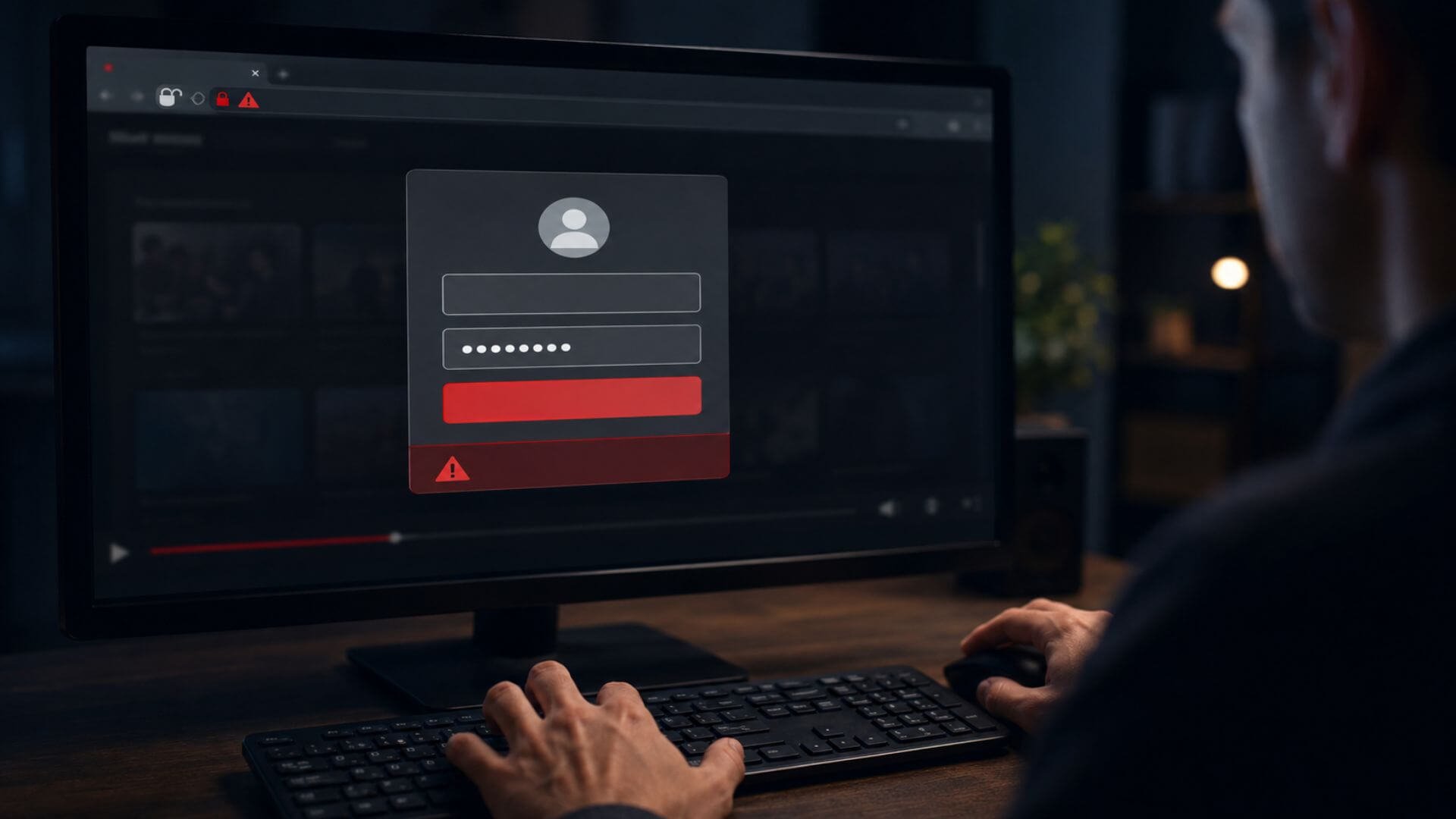 Usuario frente a un formulario falso de acceso superpuesto sobre una página de streaming pirata.