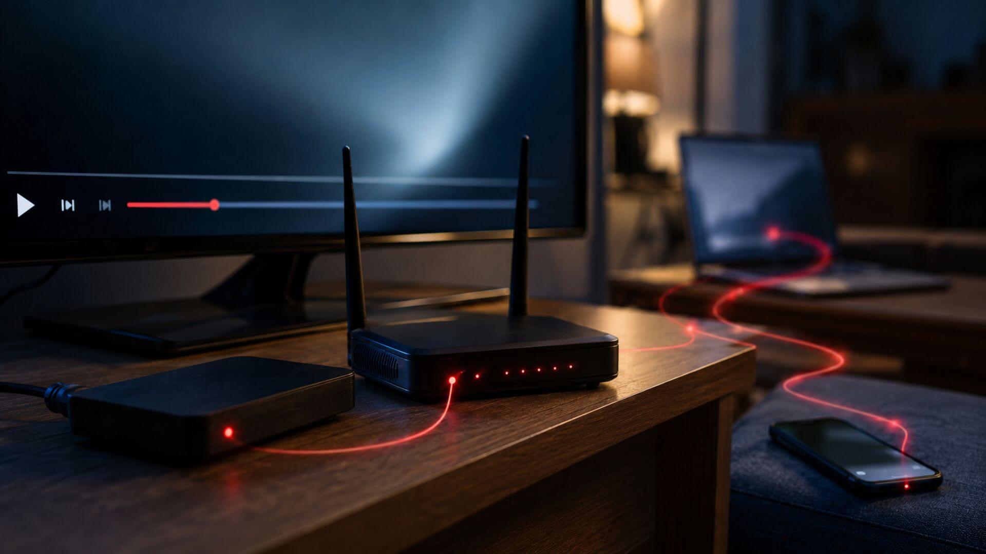 Decodificador de streaming pirata conectado a un router mientras la amenaza alcanza una notebook y un teléfono de la red doméstica.