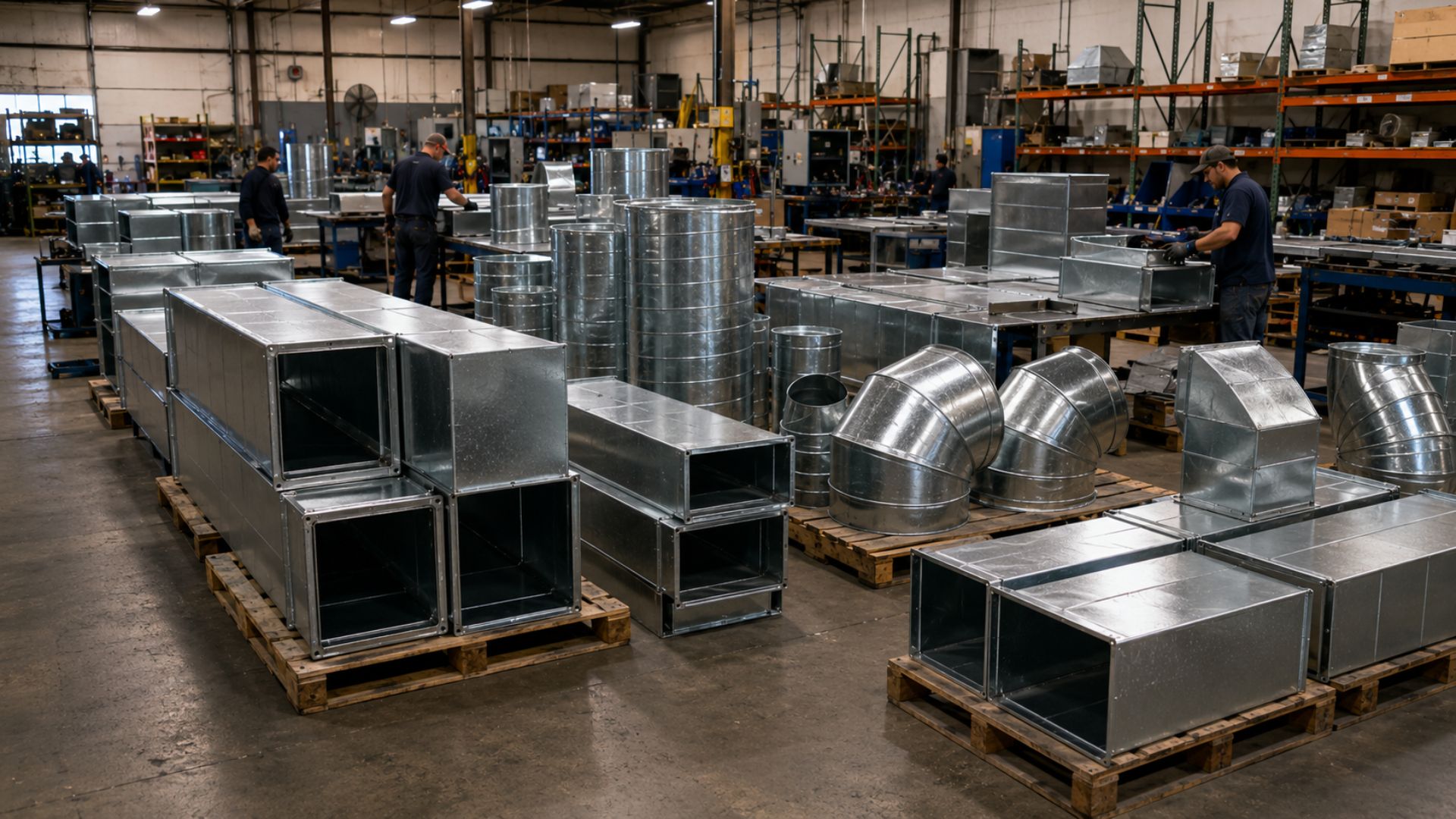 Conductos metálicos para climatización dentro de una fábrica industrial, un ejemplo de negocios a prueba de IA con producción física y demanda estable.