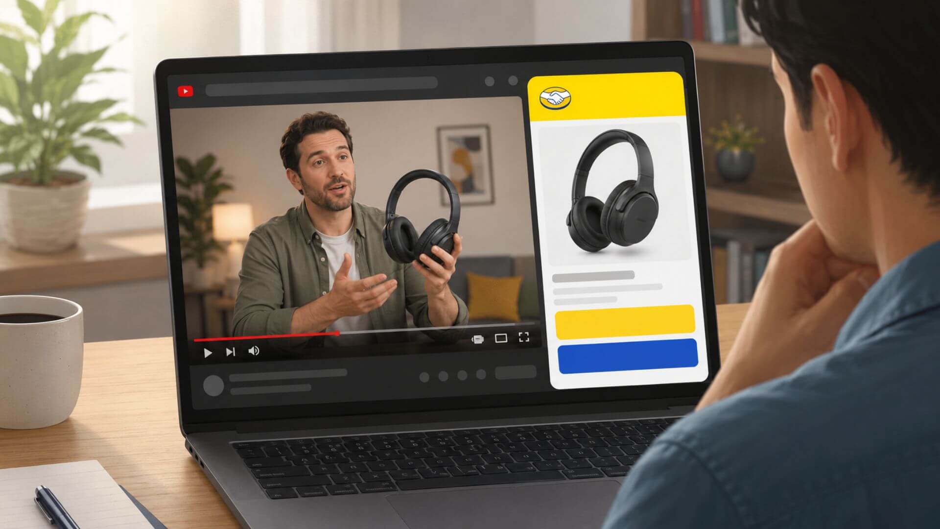 Usuario mira una reseña de auriculares en YouTube Shopping mientras consulta la ficha del producto junto al video.