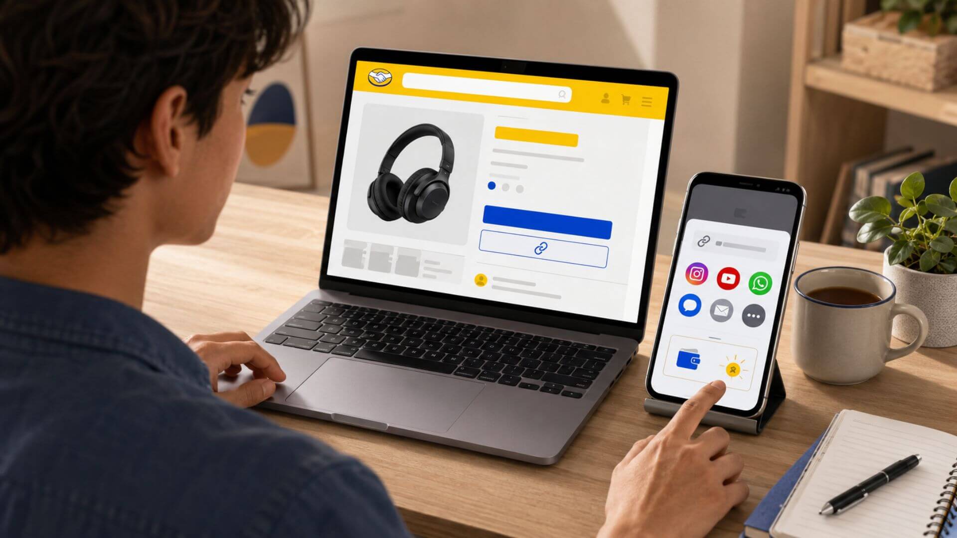 Afiliado selecciona auriculares y comparte un enlace de YouTube Shopping desde una computadora y un celular.