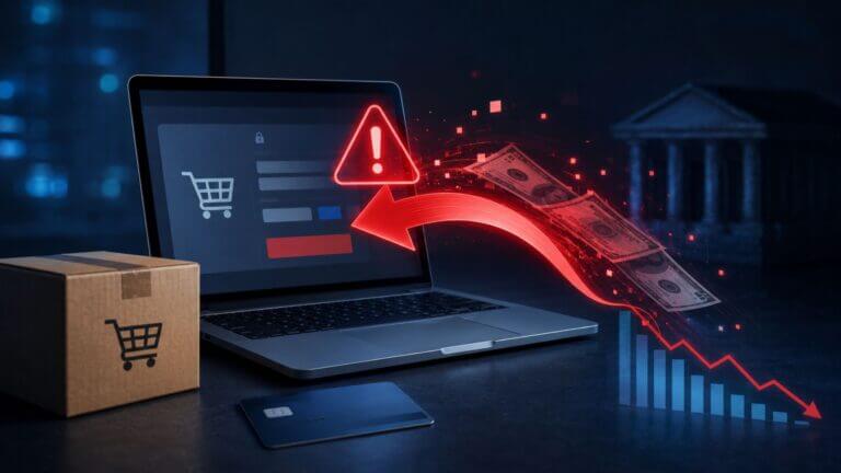Laptop con una alerta de seguridad, una tarjeta y una caída de ingresos que representan el fraude en el ecommerce.