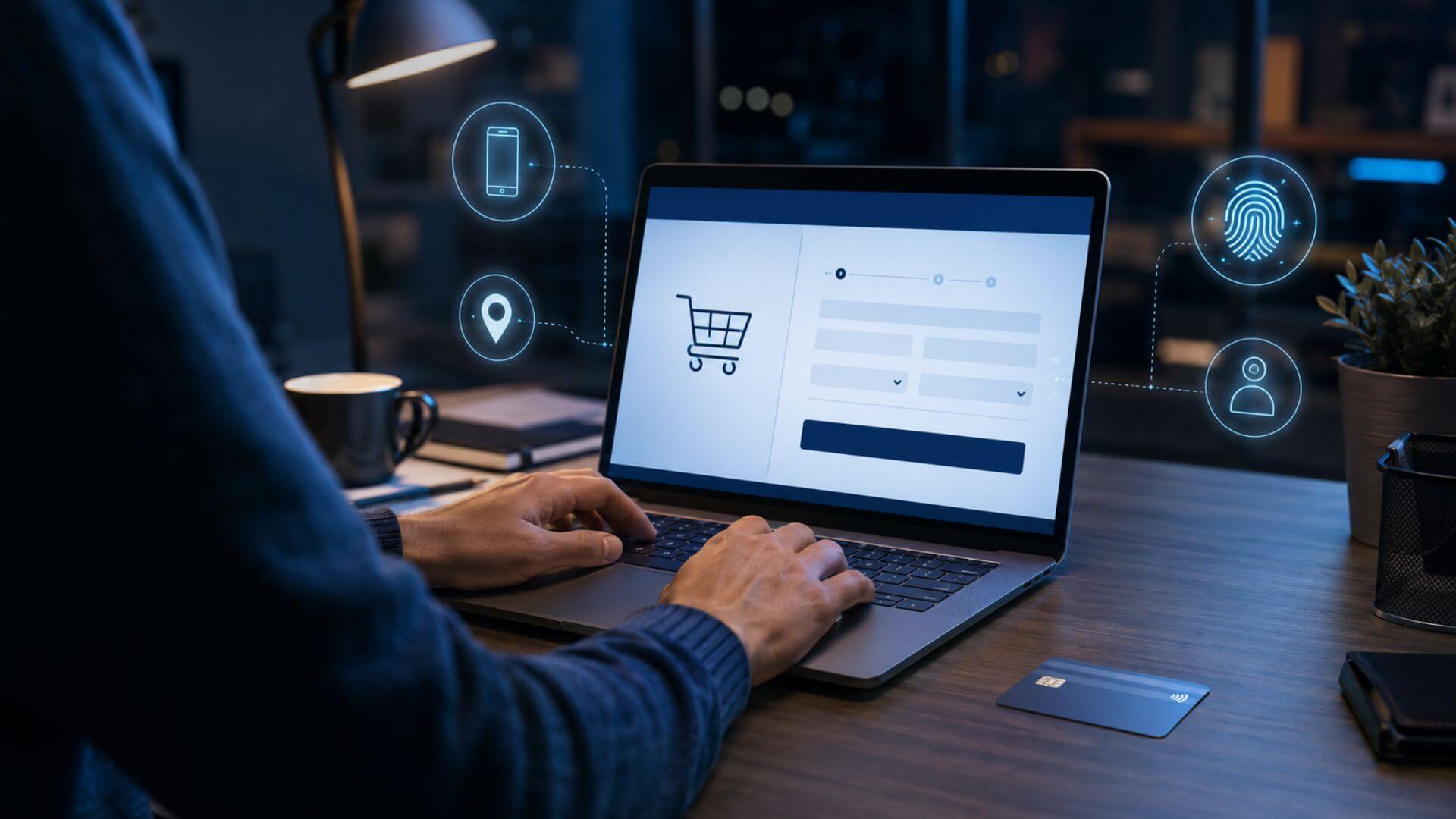 Usuario realiza una compra online mientras un sistema analiza su dispositivo para prevenir el fraude en el ecommerce.