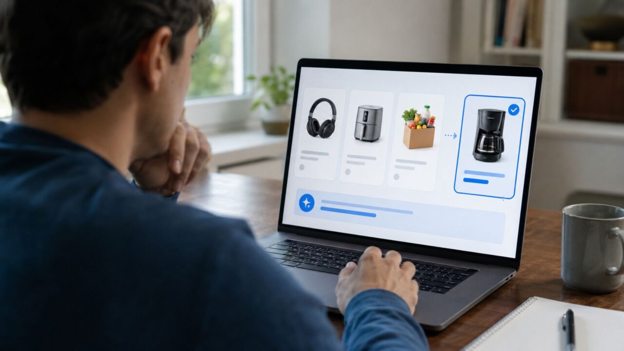 Un usuario observa en su computadora cómo un asistente automatizado analiza diferentes artículos y selecciona uno de ellos según sus criterios.