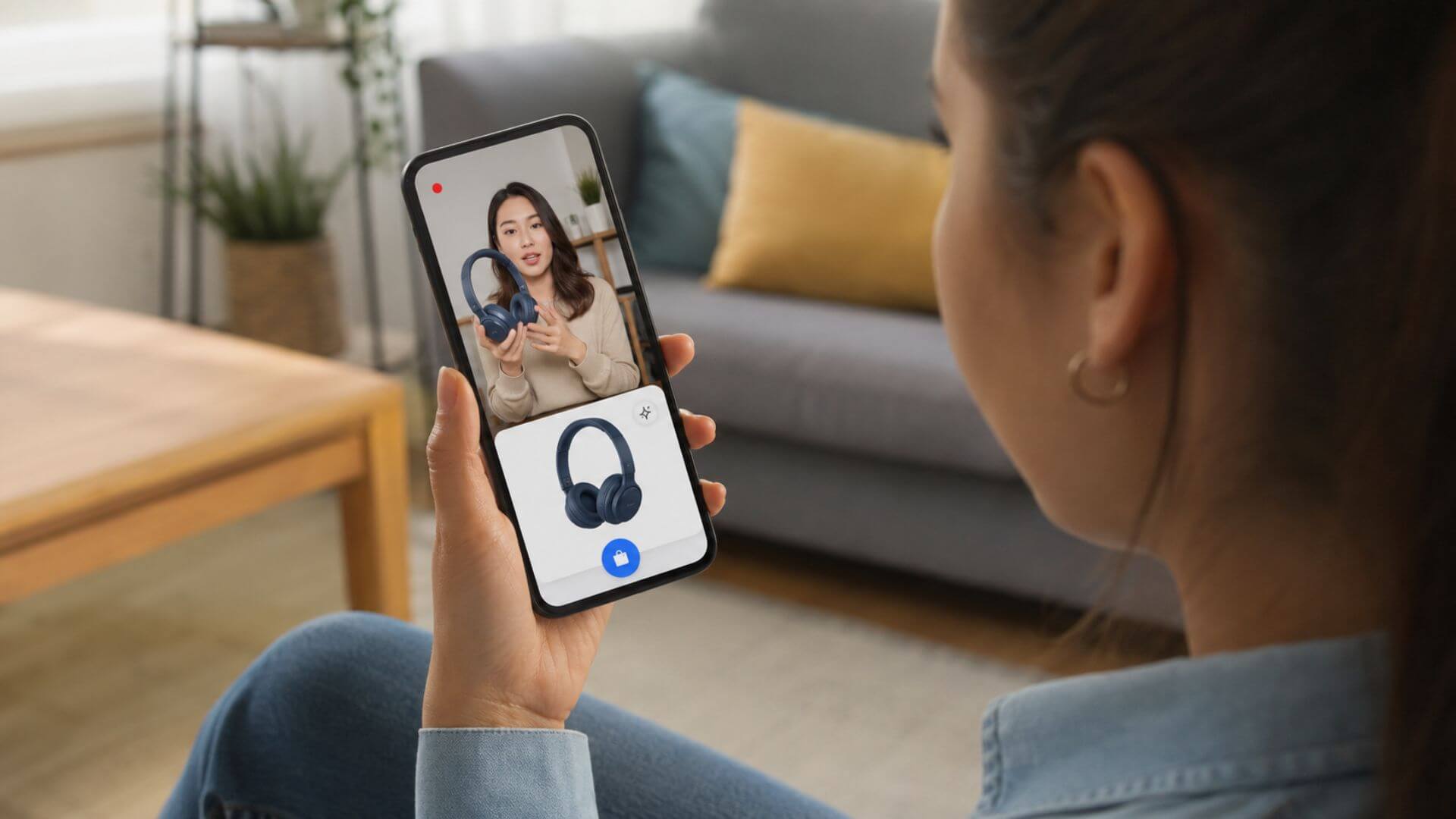Una usuaria observa desde su celular una transmisión en vivo que integra la presentación de unos auriculares con la posibilidad de comprarlos dentro de la misma plataforma.