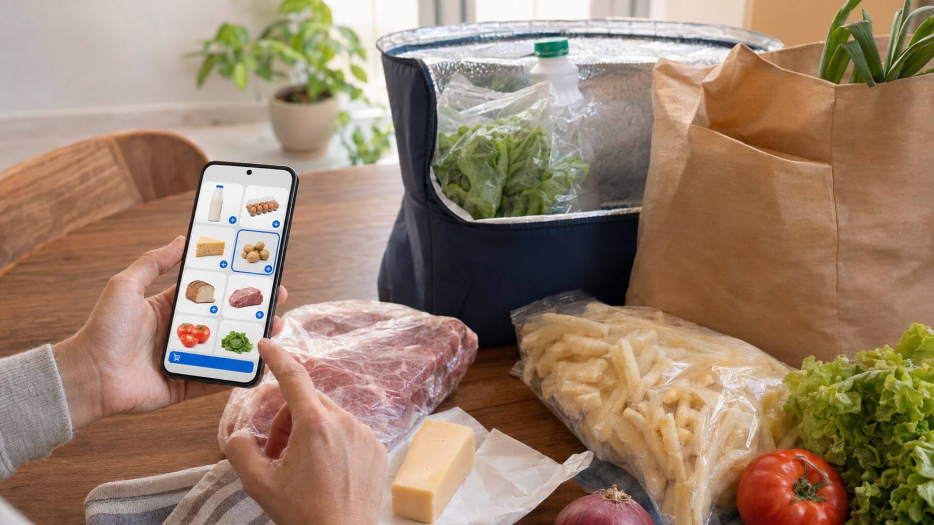 Una persona utiliza una aplicación de compras junto a un pedido que incluye alimentos frescos, carne, queso y papas congeladas.