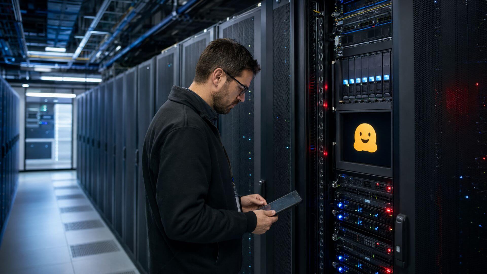 Técnico inspecciona servidores de Hugging Face tras una alerta de seguridad.