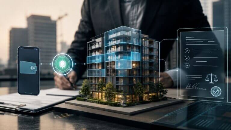 Edificio conectado a una billetera digital y un contrato inteligente que representa la tokenización y pagos digitales en real estate.