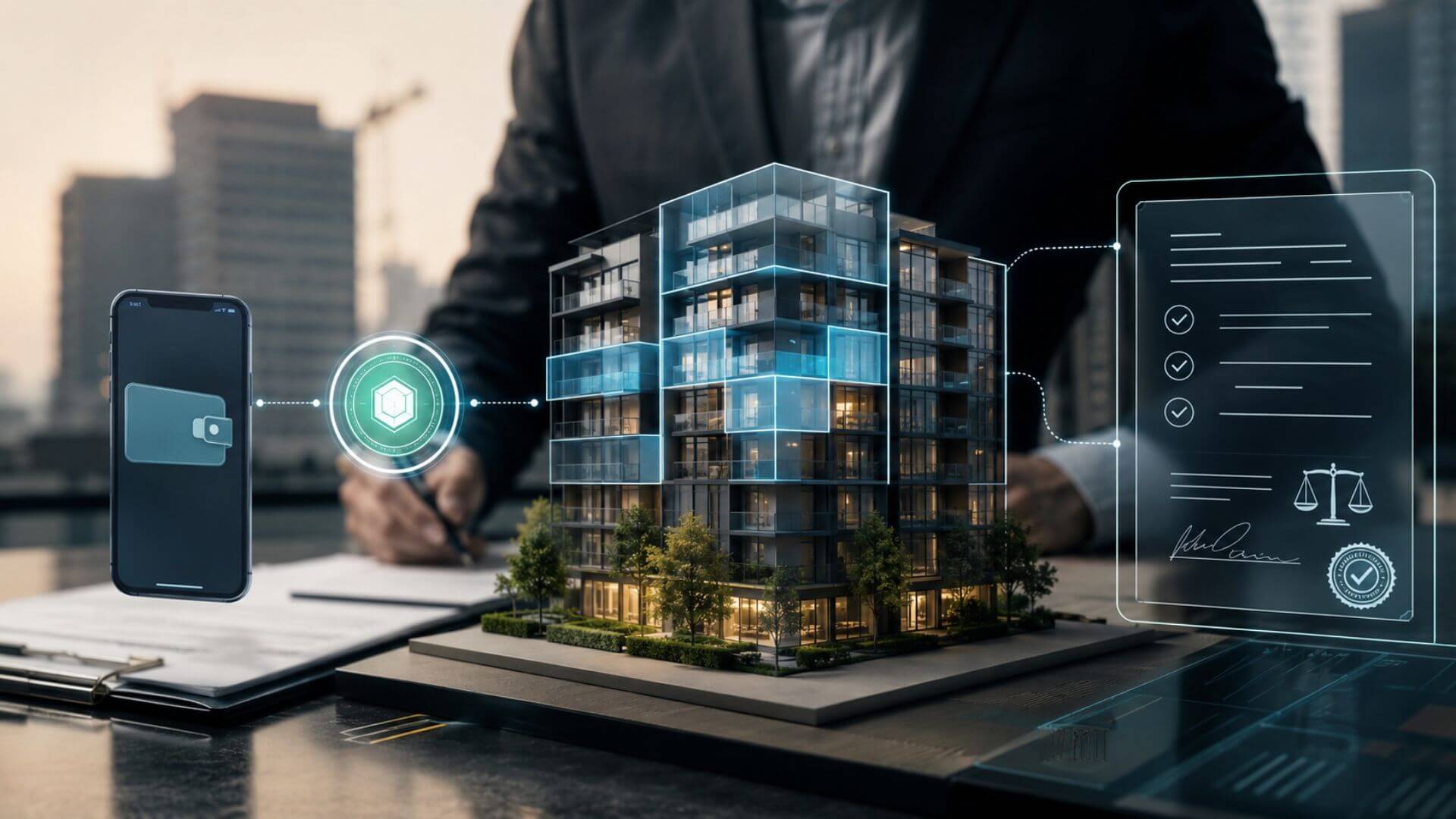 Edificio conectado a una billetera digital y un contrato inteligente que representa la tokenización y pagos digitales en real estate.