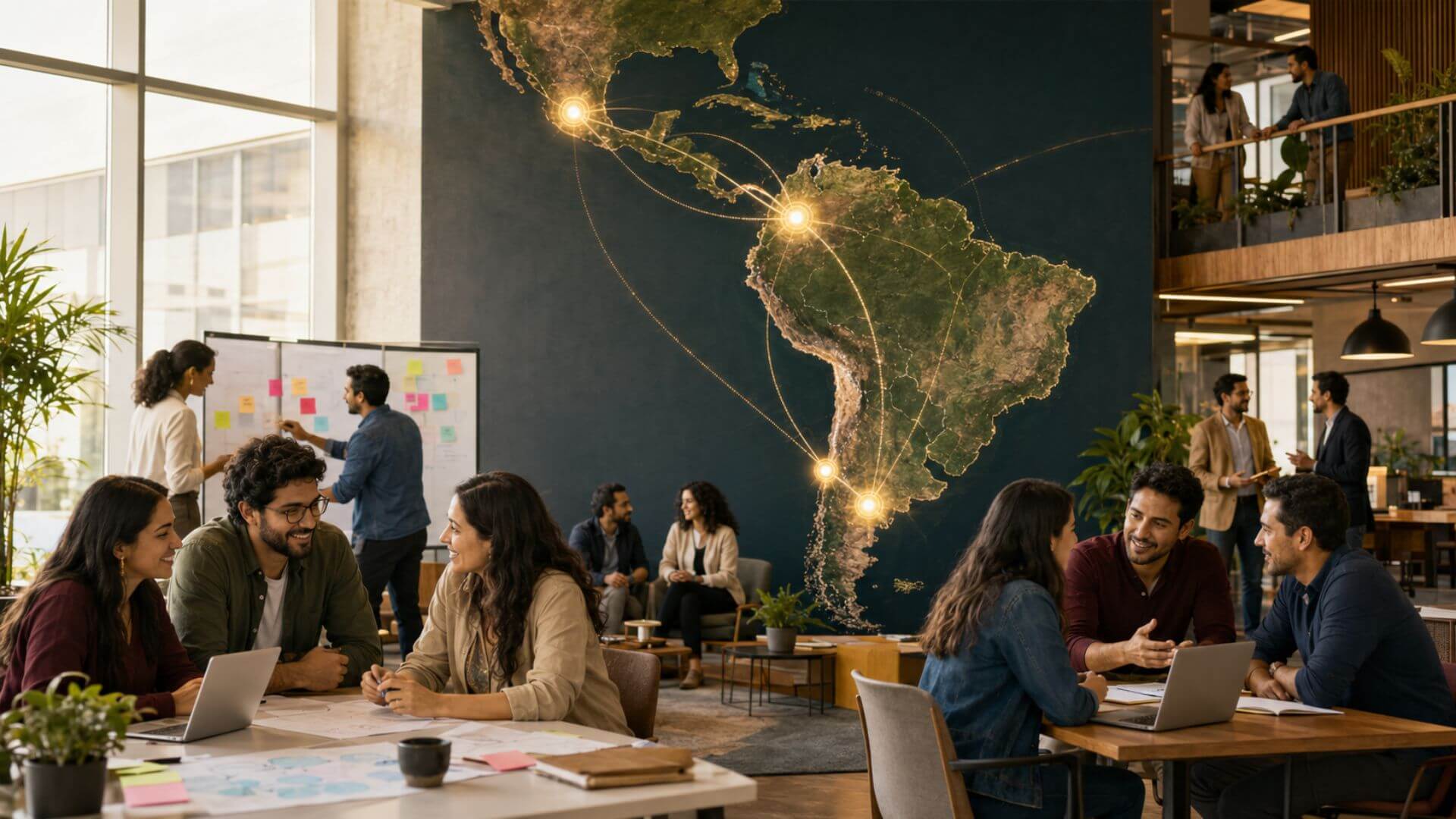 Imagen editorial sobre la expansión de Emprelatam mediante una red de hubs para emprendedores en América Latina.