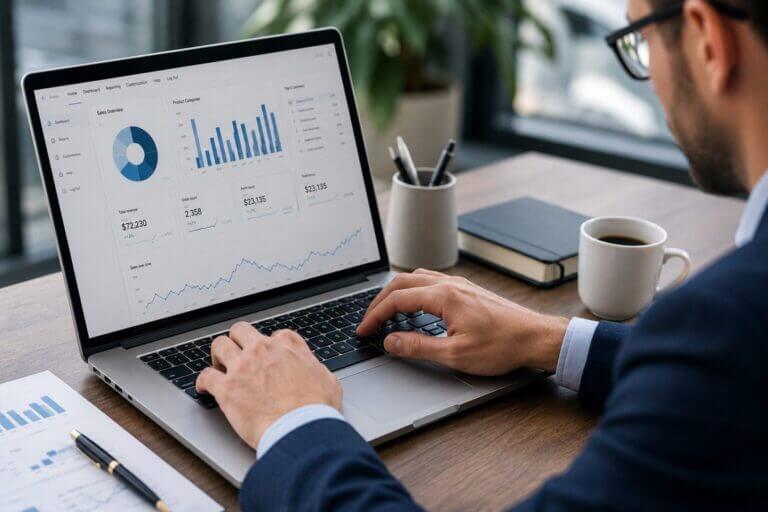 Ejecutivo analiza dashboards de negocio en una laptop, una escena que representa el uso de ERP en consumo masivo para integrar datos, ventas e inventario.