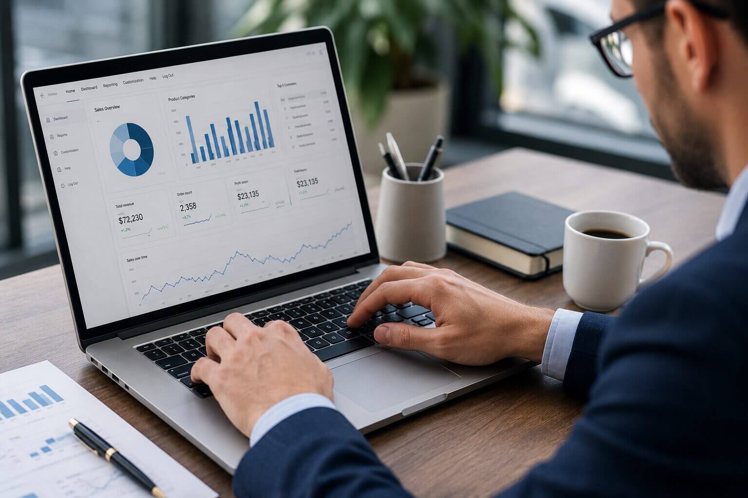Ejecutivo analiza dashboards de negocio en una laptop, una escena que representa el uso de ERP en consumo masivo para integrar datos, ventas e inventario.