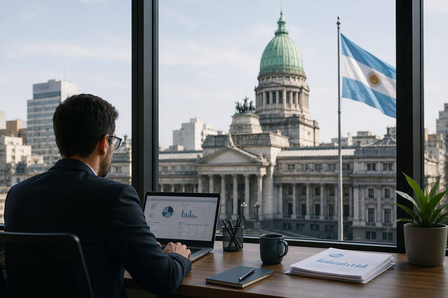 Ejecutivo público trabajando con una notebook frente al Congreso argentino, en una escena sobre gobierno digital, resiliencia tecnológica y continuidad de servicios públicos.
