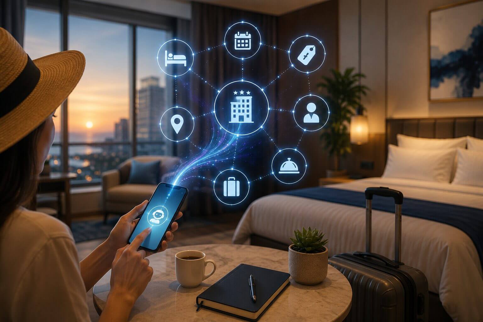 Viajera utiliza un smartphone en una habitación de hotel mientras una interfaz visual representa inteligencia artificial en hoteles, reservas, tarifas y servicios personalizados.
