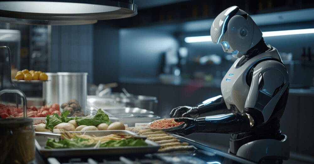Robot humanoide preparando un plato en una cocina profesional automatizada con alimentos e insumos sobre la mesada.