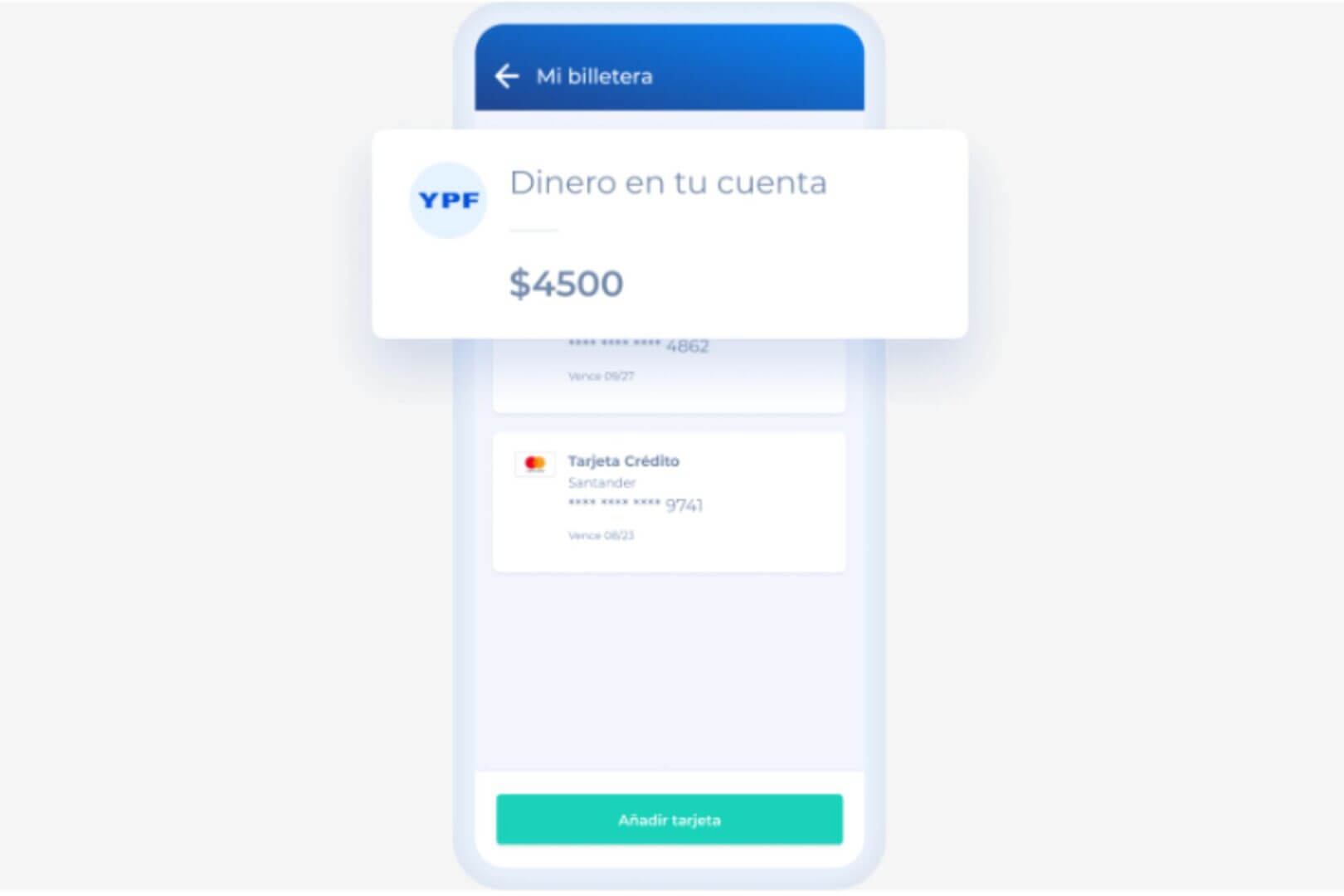 Pantalla de App YPF con saldo disponible y tarjetas asociadas dentro del ecosistema de la Tarjeta prepaga YPF - Mastercard.