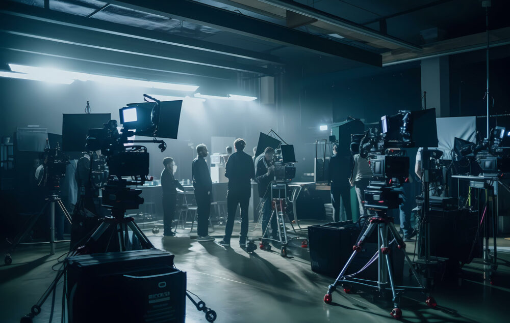 Estudio de producción audiovisual definida por software con varias cámaras, iluminación y personal técnico trabajando en el set.