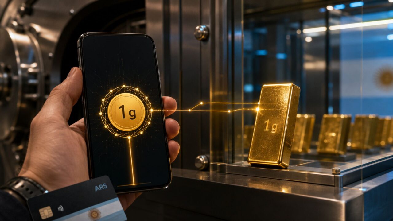 Celular con un token de oro digital de un gramo vinculado a un lingote físico protegido en una bóveda.