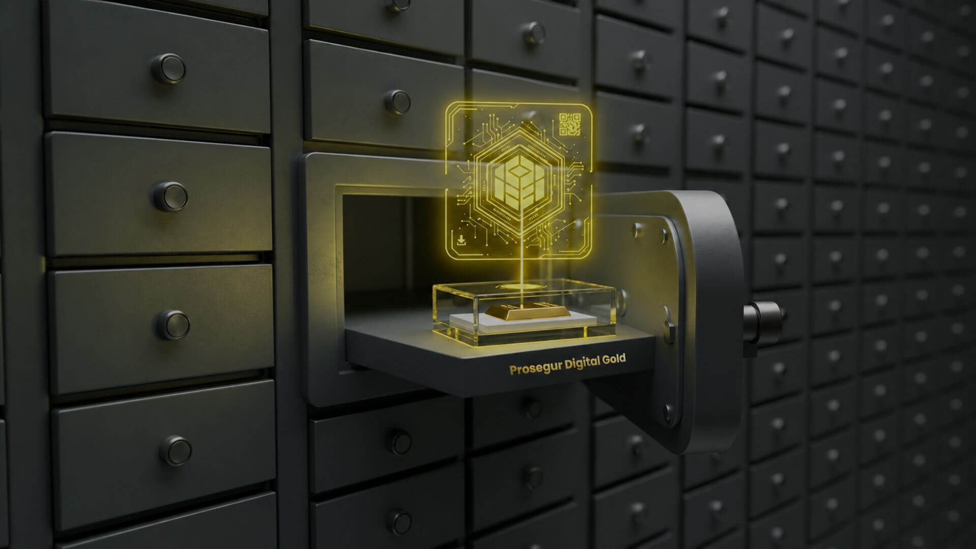 Lingote resguardado en una bóveda con un token de oro digital representado mediante tecnología blockchain.