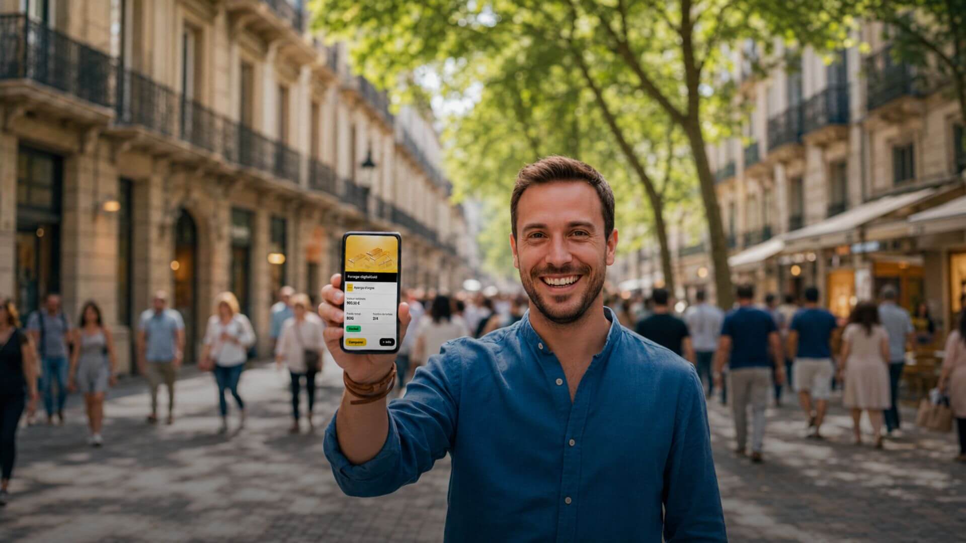 Usuario muestra en su celular la plataforma para comprar oro digital de Prosegur desde la Argentina.
