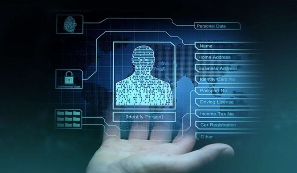 Interfaz de identidad digital con huella, perfil y campos de datos personales, asociada a infraestructura pública digital segura.