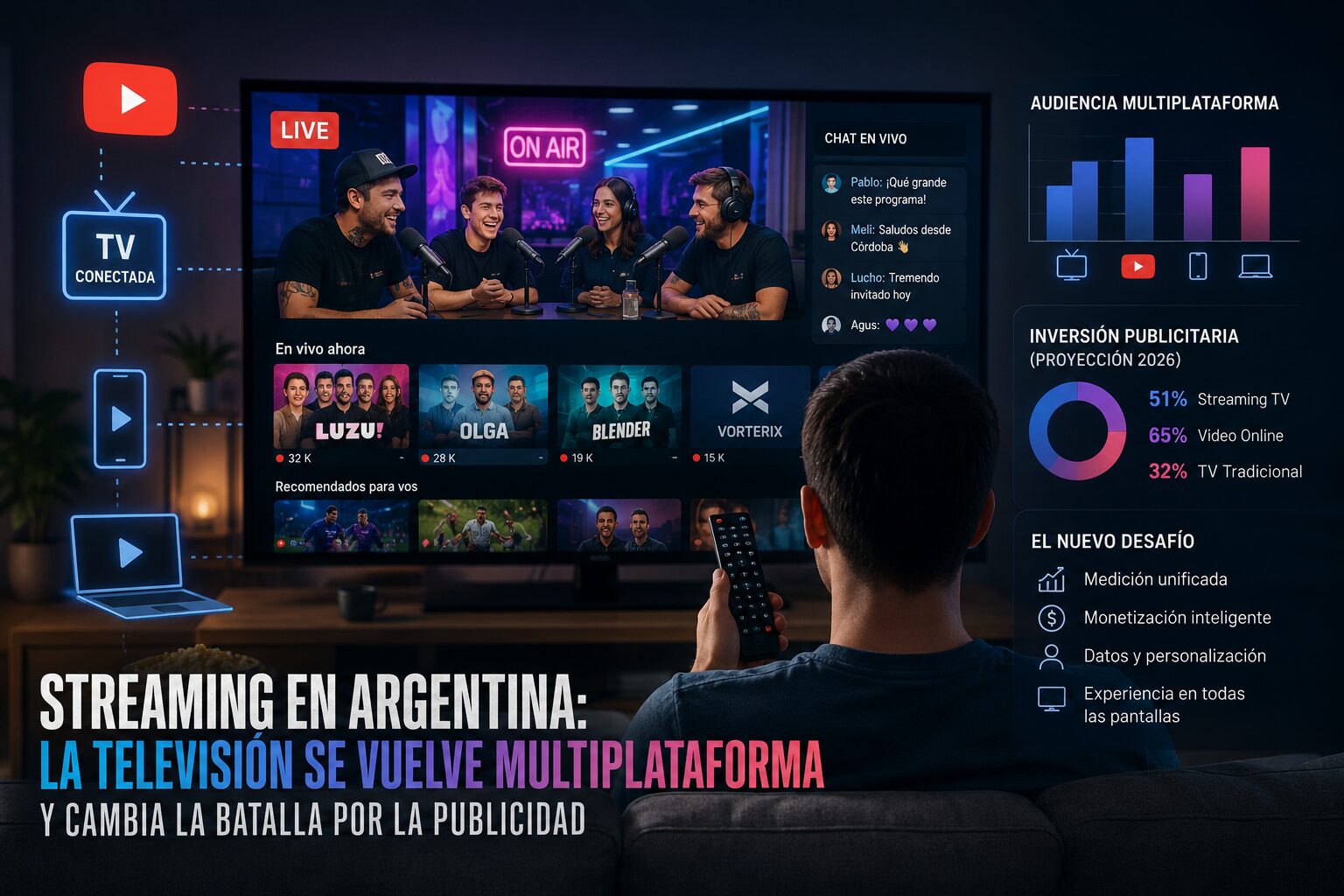 Ilustración de streaming en Argentina: una persona mira en una TV conectada un programa en vivo tipo podcast, mientras en pantalla aparecen métricas de audiencia multiplataforma, canales digitales y datos de inversión publicitaria.