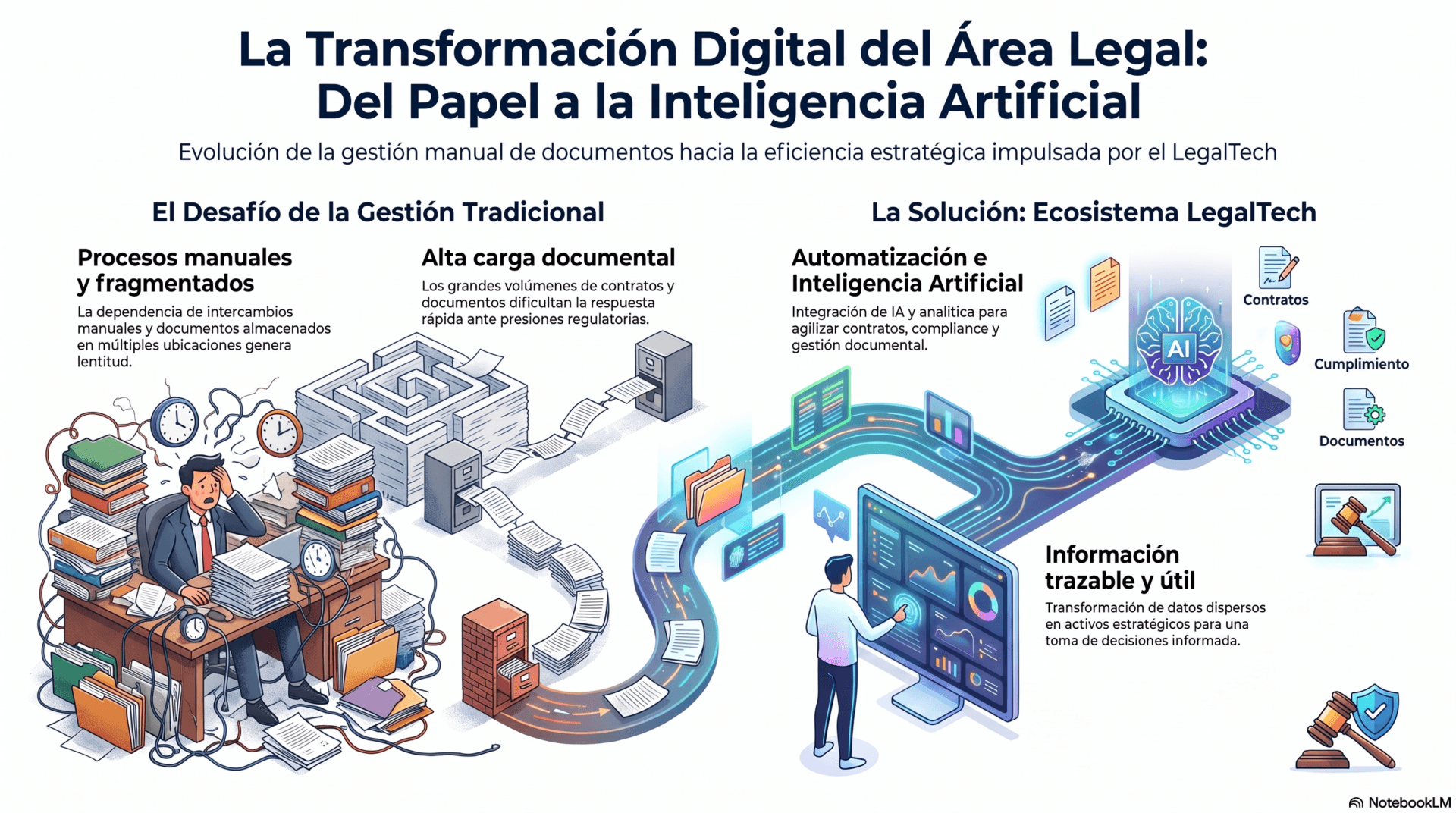 Infografía que describe la evolución de los procesos legales corporativos, mostrando la transición de la gestión manual de documentos hacia plataformas de legaltech que integran IA y automatización para mejorar la toma de decisiones y el compliance.