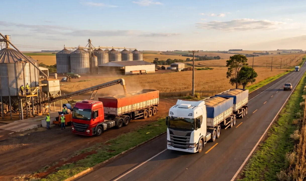 Camiones transportan granos junto a silos y una planta de acopio, una escena que representa la trazabilidad satelital del lote al puerto.
