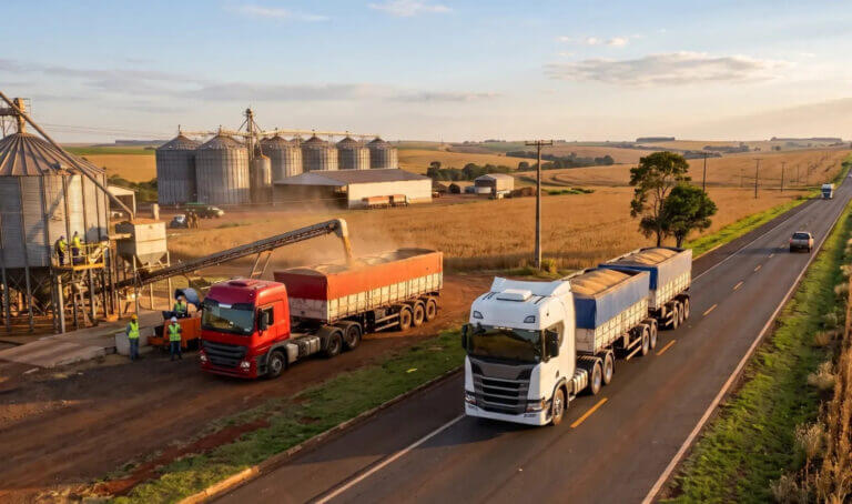 Camiones transportan granos junto a silos y una planta de acopio, una escena que representa la trazabilidad satelital del lote al puerto.