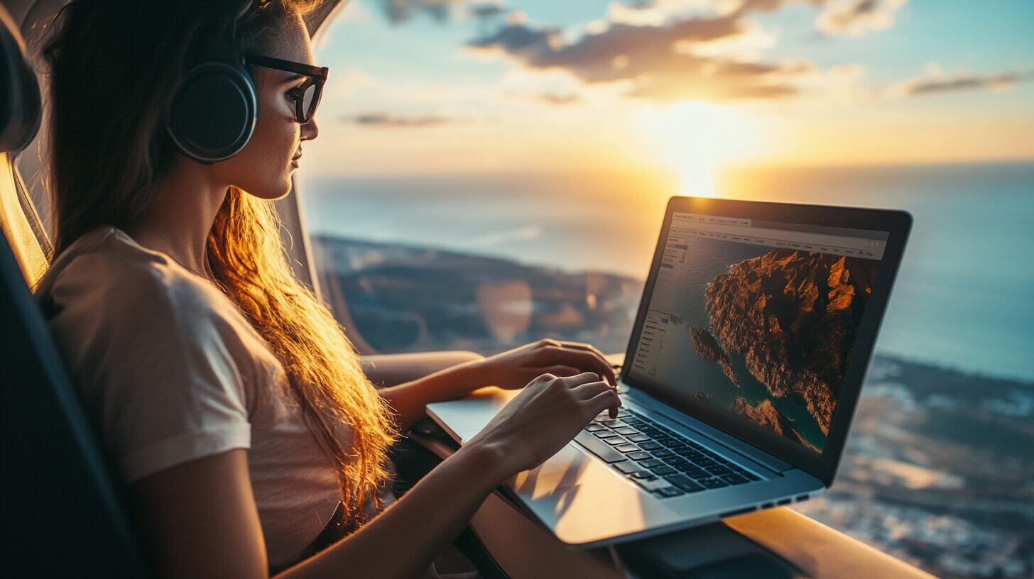 Agente de viajes trabajando con plataforma digital y herramientas de inteligencia artificial en laptop — transformación digital del turismo argentino 2026