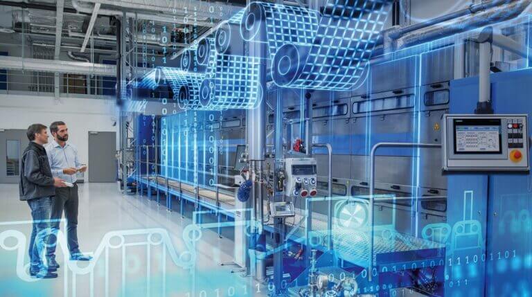 Dos trabajadores observan una línea industrial con una capa gráfica azul que representa un gemelo digital aplicado al monitoreo y simulación de procesos productivos.