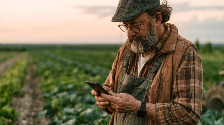 Productor agropecuario mayor consultando smartphone en campo de cultivos al atardecer — YouTube Instagram y podcasts como canal de adopción tecnológica AgTech Argentina