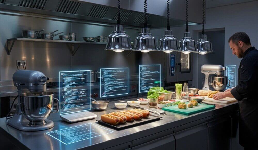 Chef trabajando en una cocina hotelera automatizada con interfaces digitales de IA predictiva para planificar compras y producción.