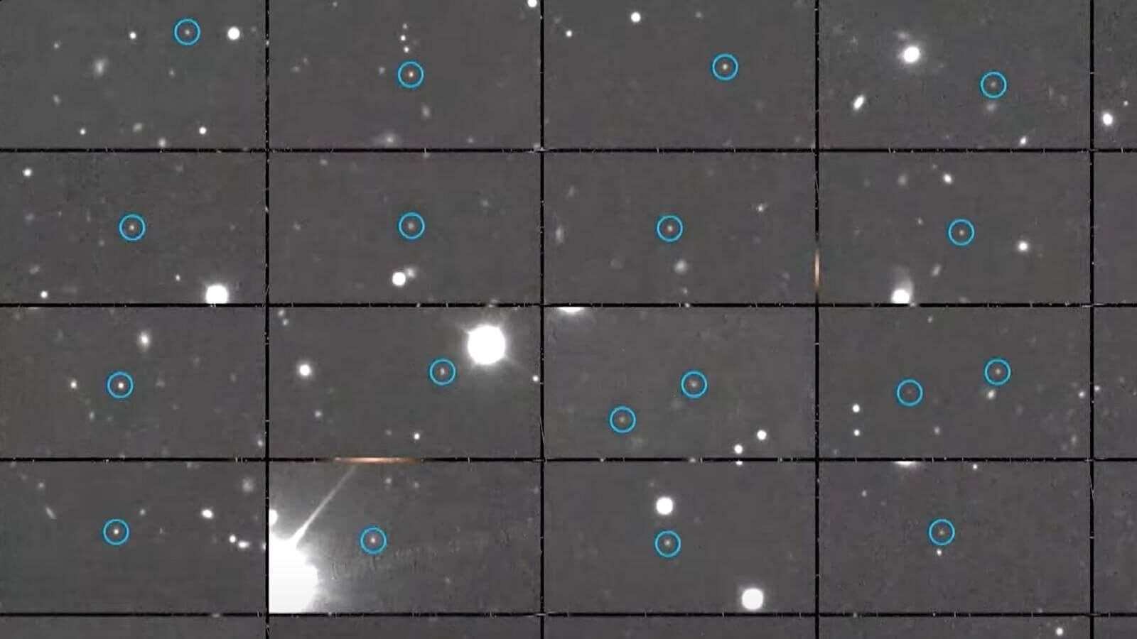 Imagen del Observatorio Vera Rubin con objetos celestes marcados en círculos azules sobre un campo de estrellas y galaxias.