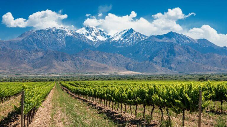 Viñedo mendocino con Cordillera de los Andes al fondo y tecnología de precisión agrícola aplicada a la producción de vino para enoturismo premium
