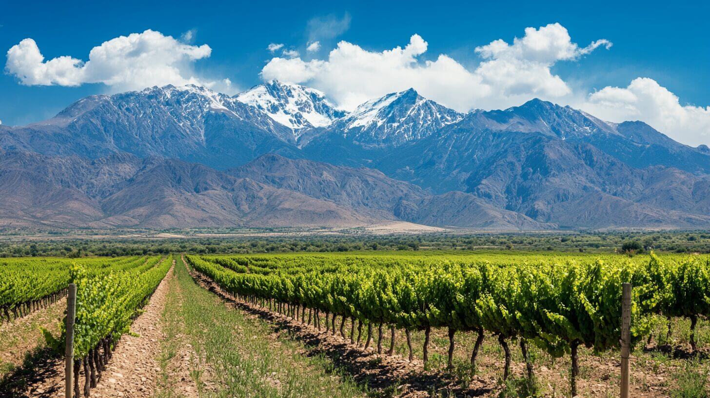Viñedo mendocino con Cordillera de los Andes al fondo y tecnología de precisión agrícola aplicada a la producción de vino para enoturismo premium