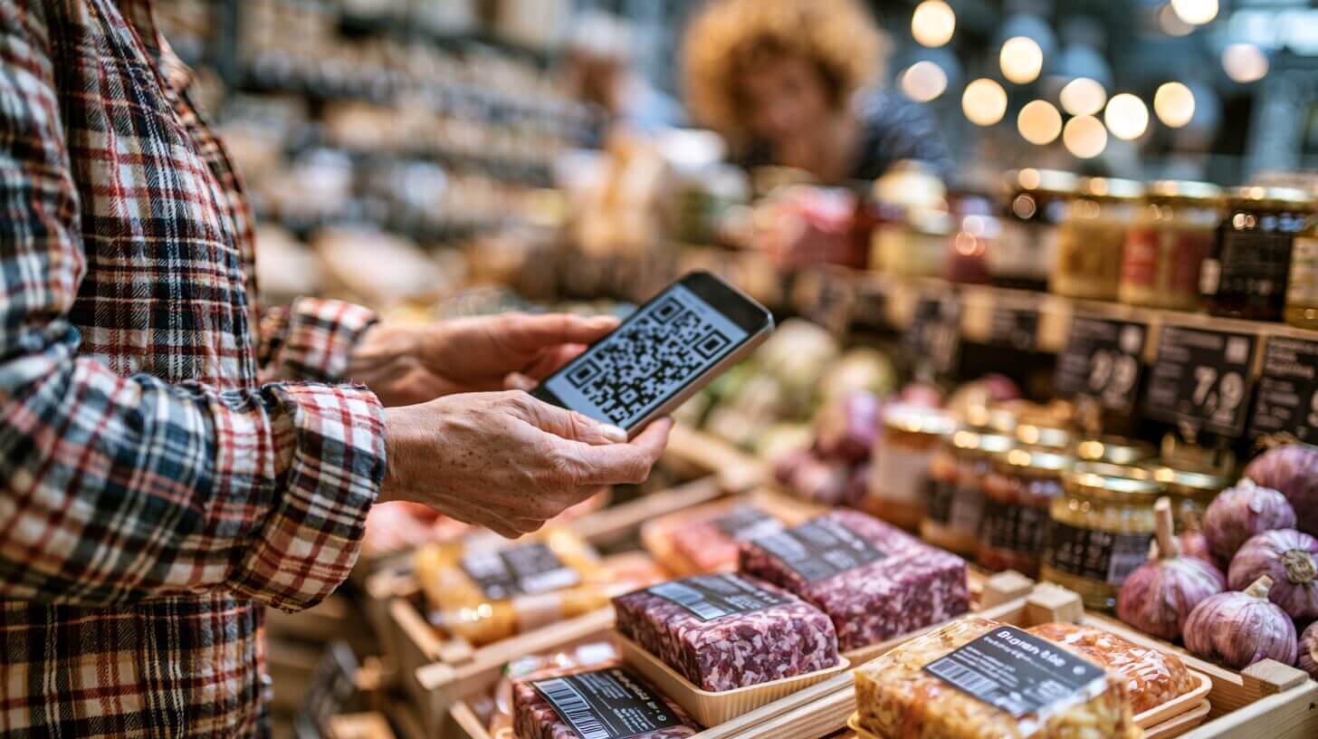 Consumidor escaneando código QR en envase de producto de consumo masivo en supermercado trazabilidad agroalimentaria AgTech