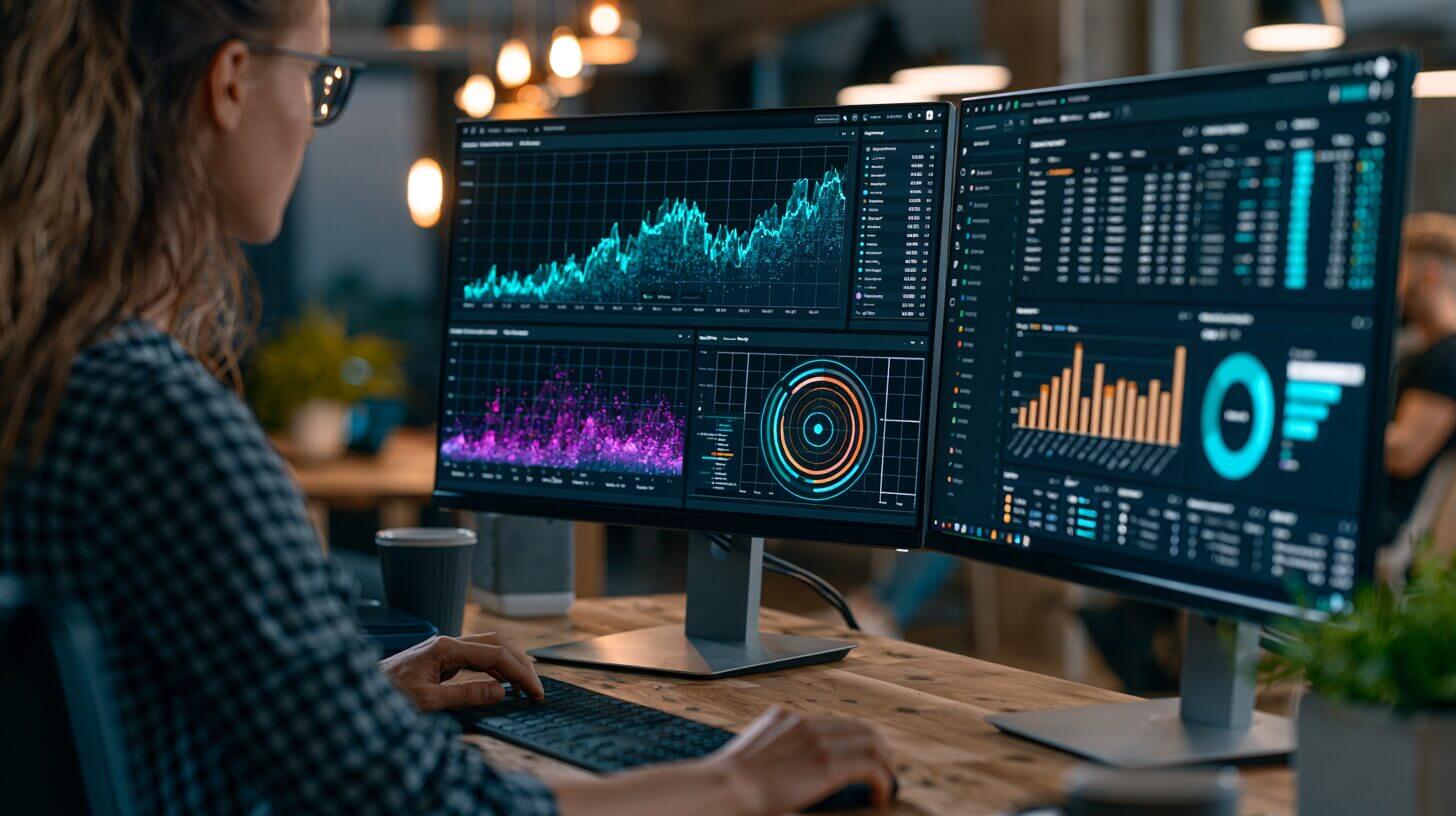 Analista de marketing trabajando con plataforma de datos de clientes CDP en pantallas duales — consumo masivo Argentina