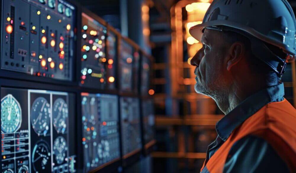 Operador frente a sistemas de control industrial utilizados para monitoreo, automatización e IA en minería.