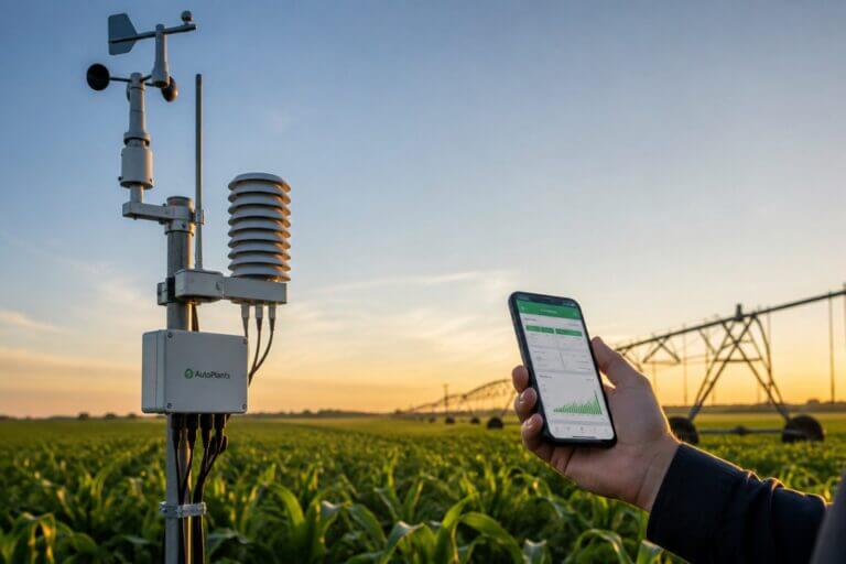Estación meteorológica con sensores en un cultivo agrícola y productor consultando datos del campo en un teléfono celular.