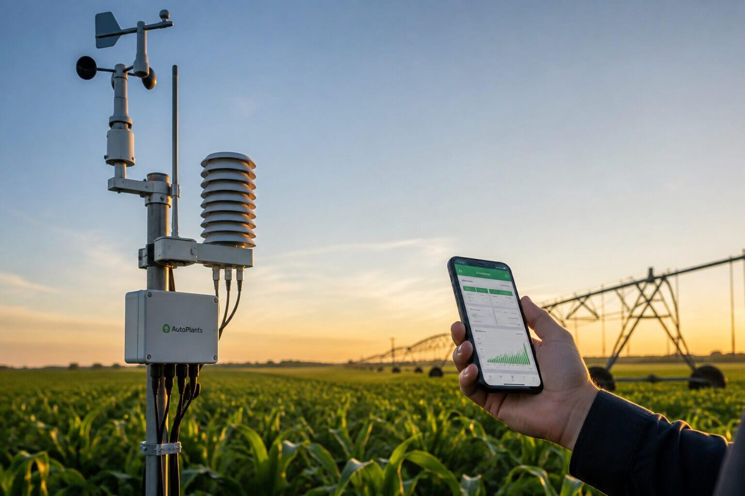 Estación meteorológica con sensores en un cultivo agrícola y productor consultando datos del campo en un teléfono celular.