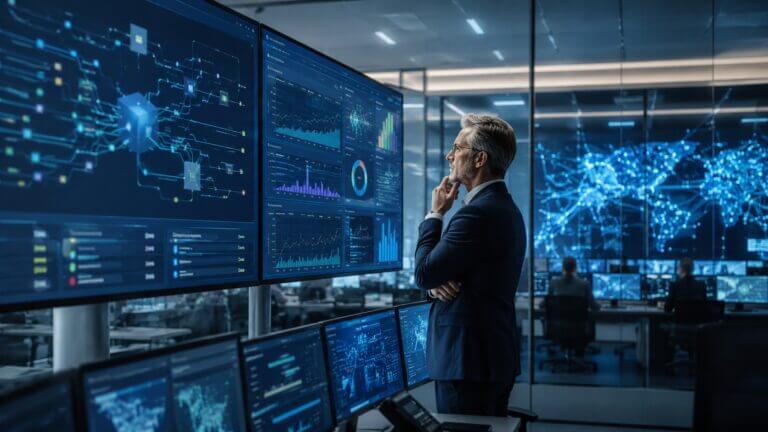 Ejecutivo de un banco analiza paneles de datos y arquitectura digital en un centro de operaciones, en una escena que ilustra la modernización del core bancario y la gestión del riesgo operativo.