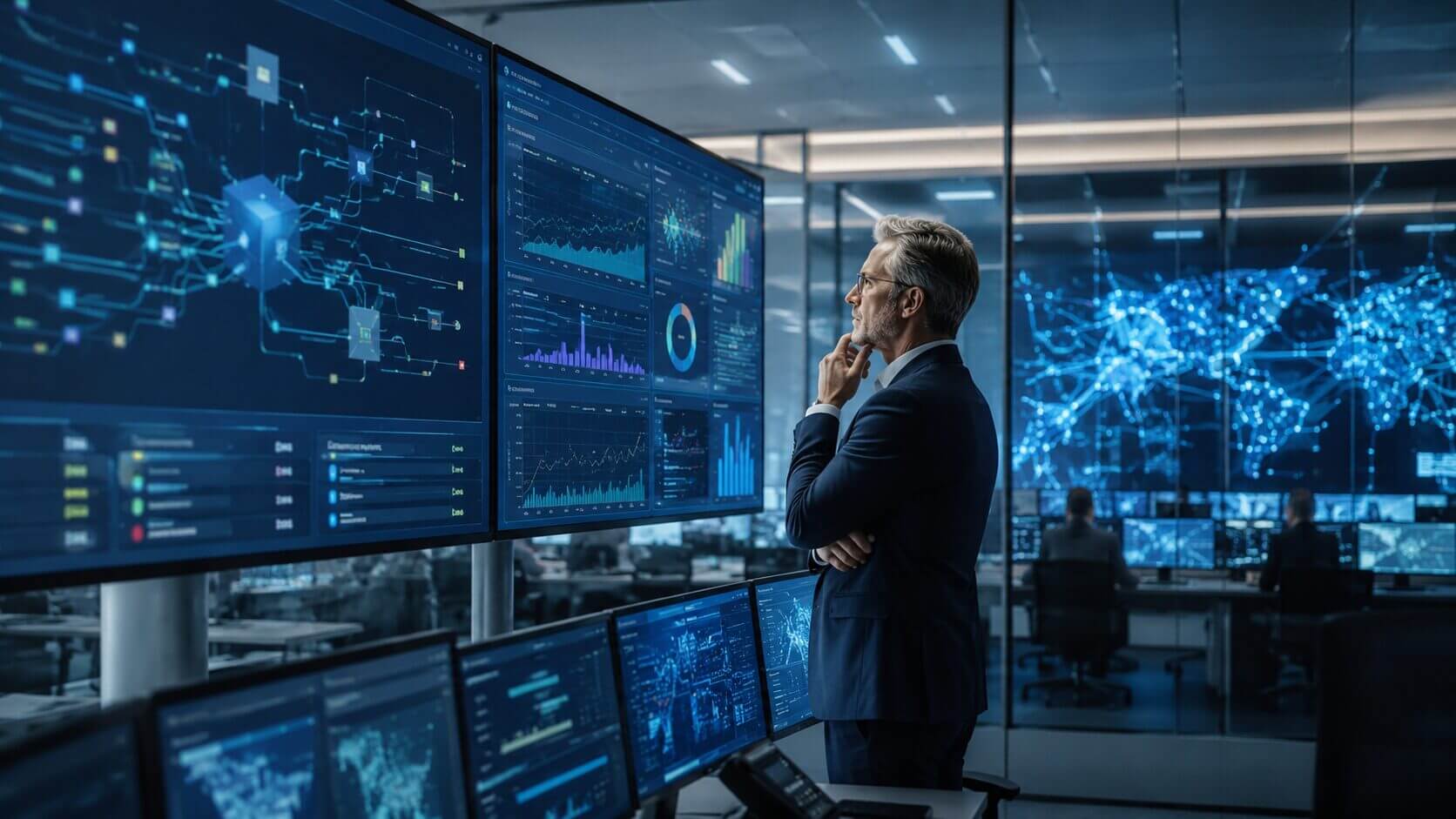 Ejecutivo de un banco analiza paneles de datos y arquitectura digital en un centro de operaciones, en una escena que ilustra la modernización del core bancario y la gestión del riesgo operativo.