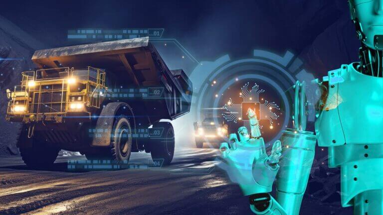 Camiones de gran porte y un robot representan el uso de IA y gestión de datos en operaciones mineras.