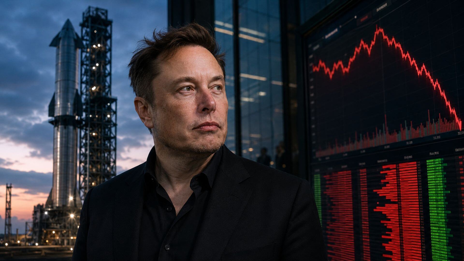 Composición editorial vinculada con SpaceX que reúne un cohete, una figura empresarial y un gráfico financiero descendente.